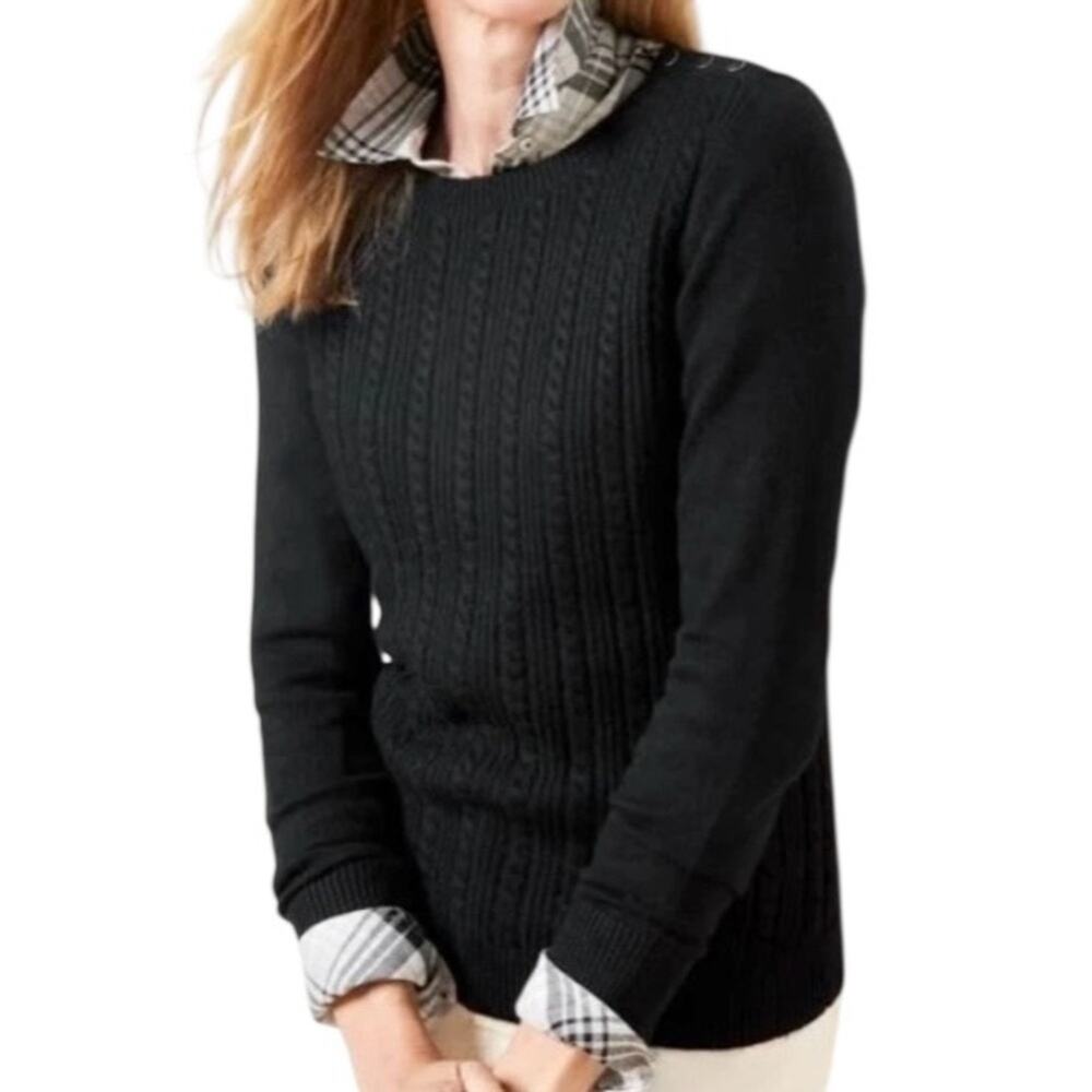 Talbots Cable Knit Crewneck Sweater 3X Black Cotton Blend Casual Preppy Classic
